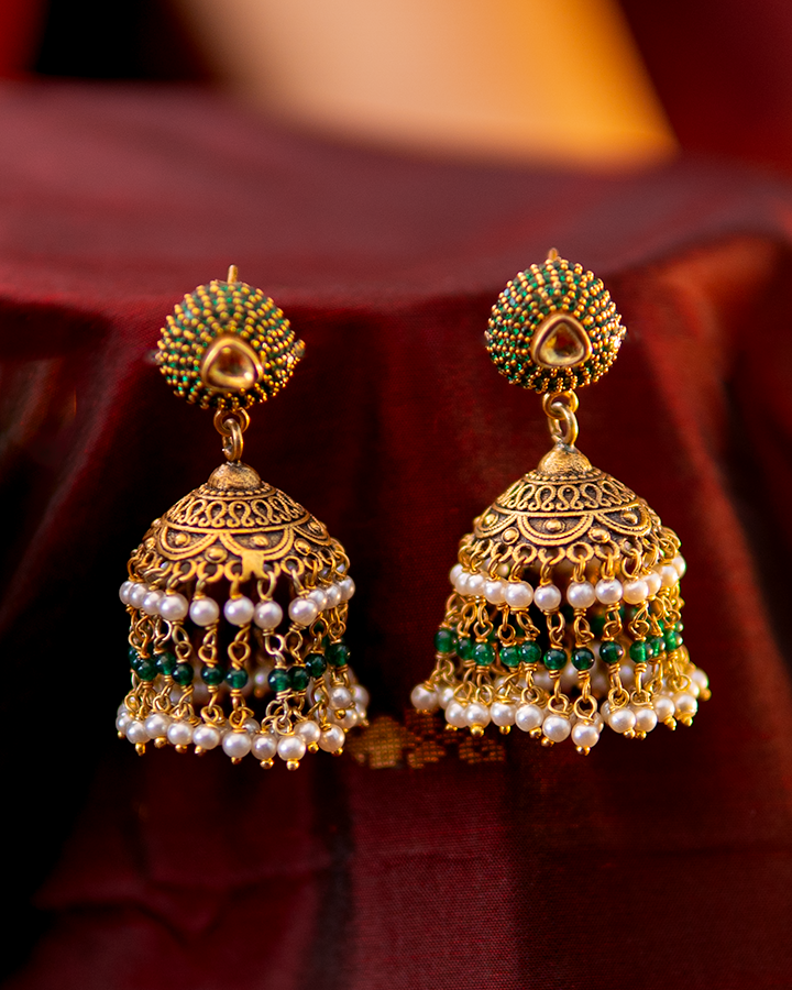 Filigree Jhumkis Mani – Gold Polished Pure Silver Earrings – Jodha